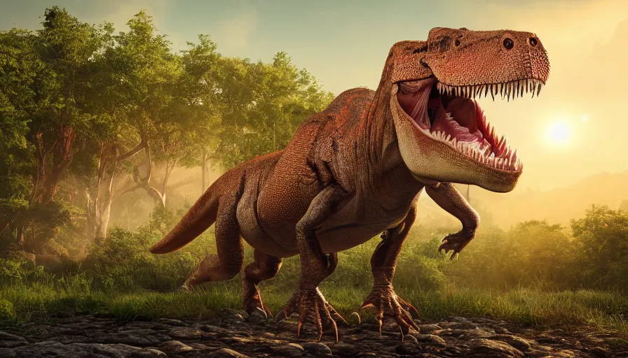 Image similar to hyper realistic highly detailed nature photography of a trex, tyrannosaurus rex, prehistoric planet, volumetric lighting, octane render, 4 k resolution, golden hour