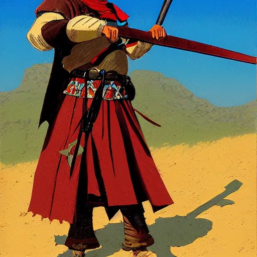 Image similar to a medieval Turkish infantry warrior. HD character design reference, by Angus McBride, gouache.