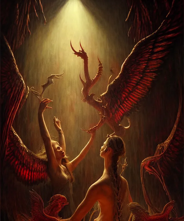 Image similar to epic professional digital art of god's bargain with lucifer, horrific yet beautiful vibe, evocative, atmospheric lighting, painted, intricate, highly detailed, by leesha hannigan, wayne haag, reyna rochin, ignacio fernandez rios, mark ryden, iris van herpen, artstation, cgsociety, stunning, gorgeous, sharp focus, cinematic, masterpiece