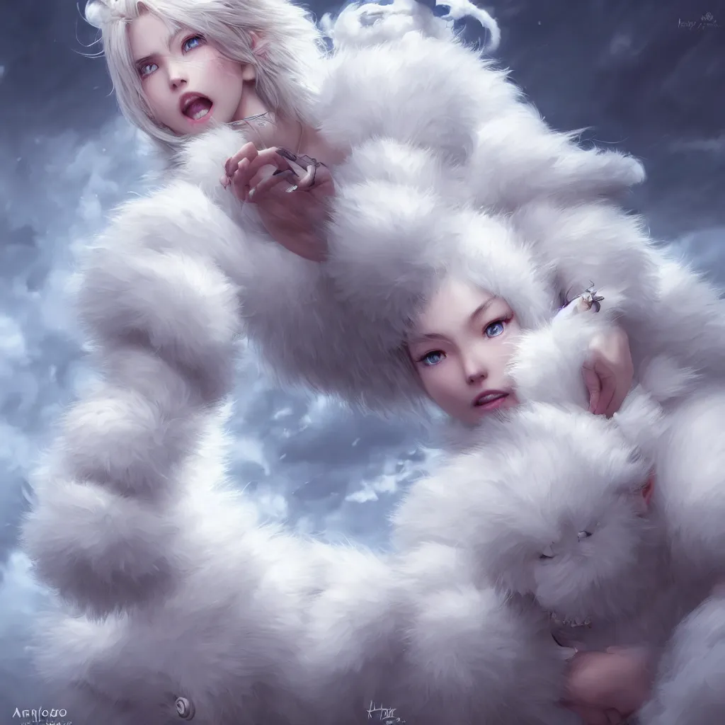 Image similar to white fluffy cloud, realistic 4 k octane cycles beautifully detailed render, 4 k, deep focus, intricate, elegant, highly detailed, photorealistic rendering, sharp focus, illustration, hearthstone, art by artgerm, hayao miyazaki