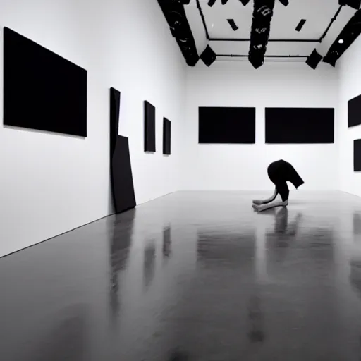 Image similar to a white space and a black subject contemporary art performance