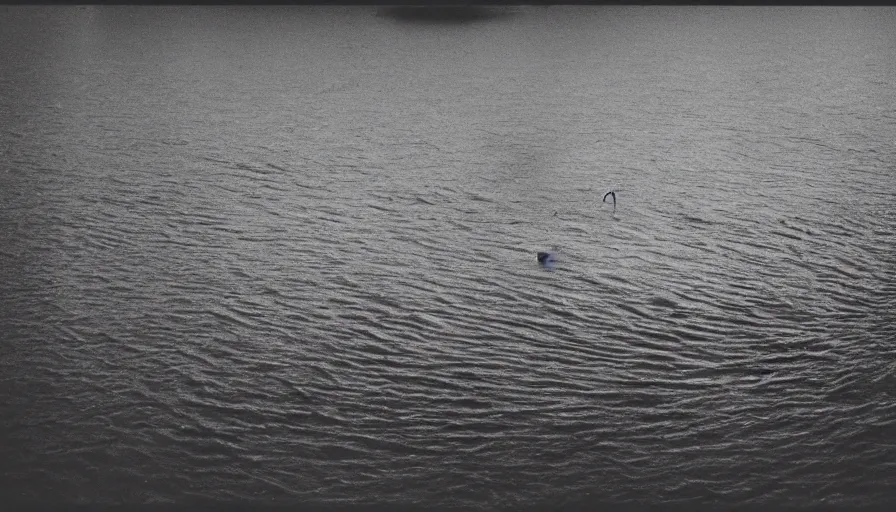 Image similar to photograph of a dark lake, cloudy day, rope floating on or near top of water, snaking towards the center of the lake, anamorphic lens, kodak color film stock