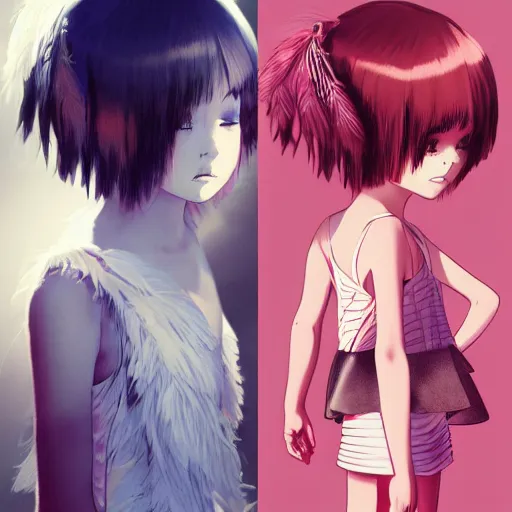 Prompt: little girl wearing an dress made of feathers, anime style, art by ilya kuvshinov, 8 k, concept art, gracious, realistic