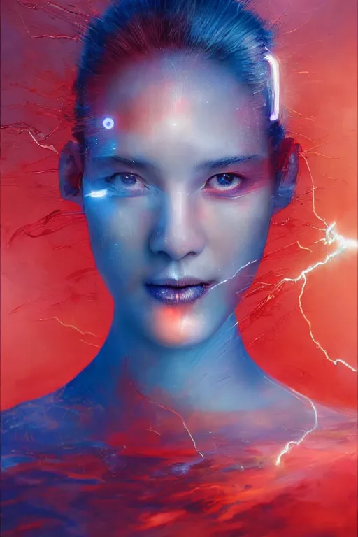 Prompt: 3 d, sci - fi, morning, smiling fashion model face, sun, cinematic, lightning clouds, vogue cover style, water, light red and deep blue mood, realistic painting, intricate oil painting, high detail, figurative art, multiple exposure, poster art, 3 d, by tooth wu and wlop and beeple and greg rutkowski