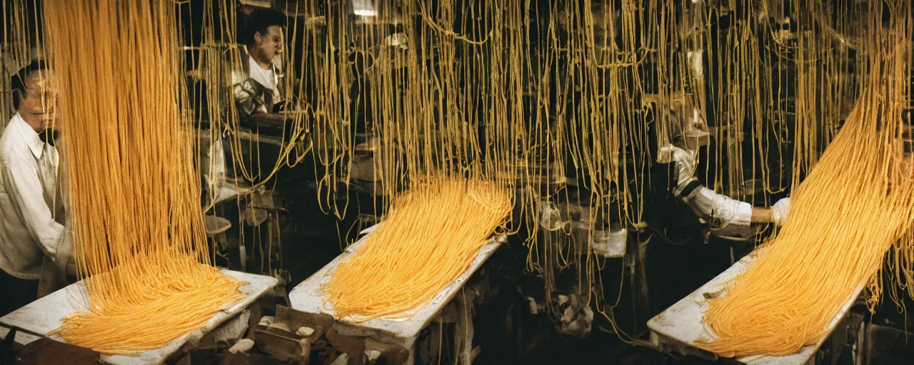 Image similar to a factory where people are processing fresh spaghetti from the tree, canon 5 0 mm, cinematic lighting, photography, retro, film, kodachrome, closeup