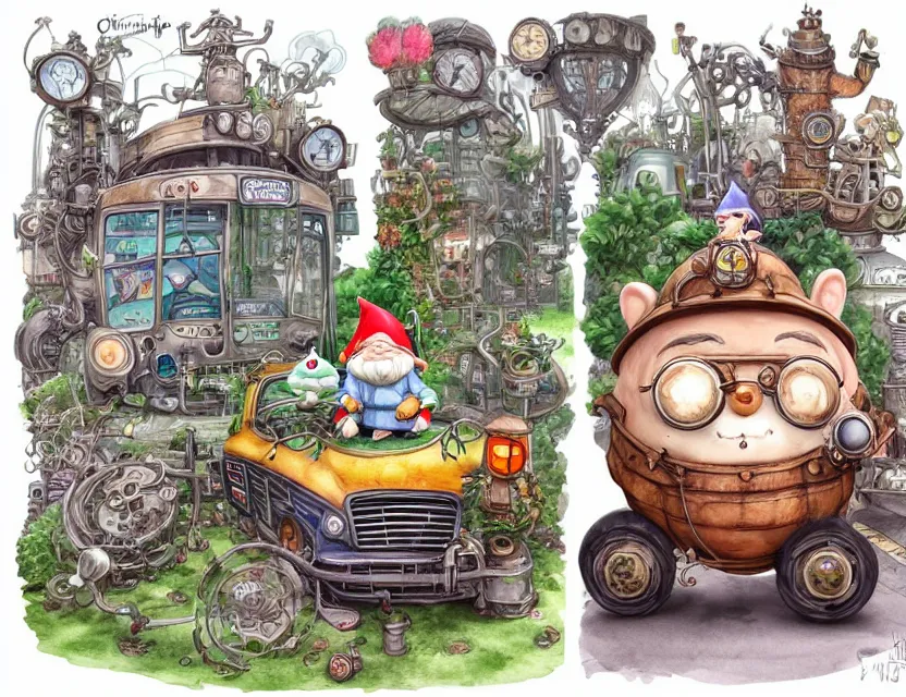 Image similar to cute and funny, a garden gnome driving a steampunk bus, ratfink style by ed roth, centered award winning watercolor pen illustration, isometric illustration by chihiro iwasaki, edited by range murata, tiny details by artgerm and watercolor girl, sharply focused