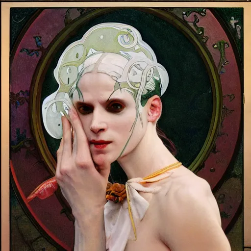 Image similar to closeup painting of uncannily beautiful androgynous albino wearing rococo byzantine clothes and face paint, science fiction by j. c. leyendecker, bosch, alphonse mucha, greg rutkowski, and beksinski