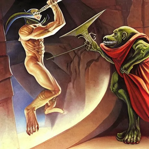 Prompt: pepe and ape in melee combat with Sauron on steps of Barad Dur, painting by Boris Vallejo