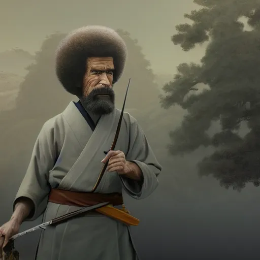 Image similar to an ultra detailed matte painting of bob ross smoking a pipe and dressed as a wandering ronin samurai, edo japan, concept art by jeong seon and greg rutkowski, octane render, 8 k, detailed face