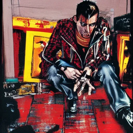 Image similar to punk rock, travis bickle has a mohawk, on a checkered floor, by francis bacon