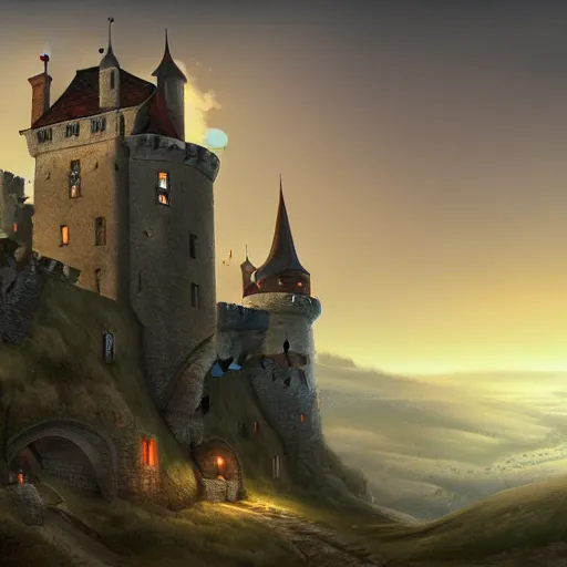 Prompt: medieval castle overlooking village, artstation, fantasy