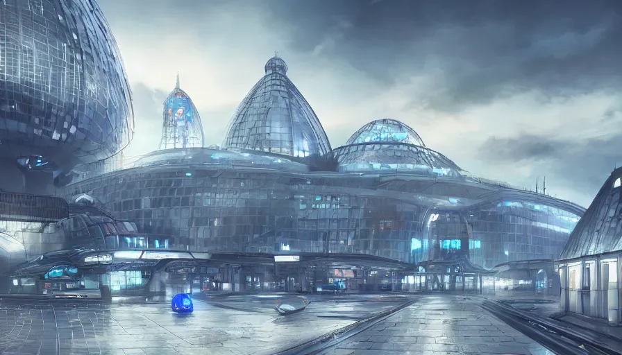 Image similar to futuristic liege, belgium with white dome train station with blue lights, volumetric light, hyperdetailed, artstation, cgsociety, 8 k