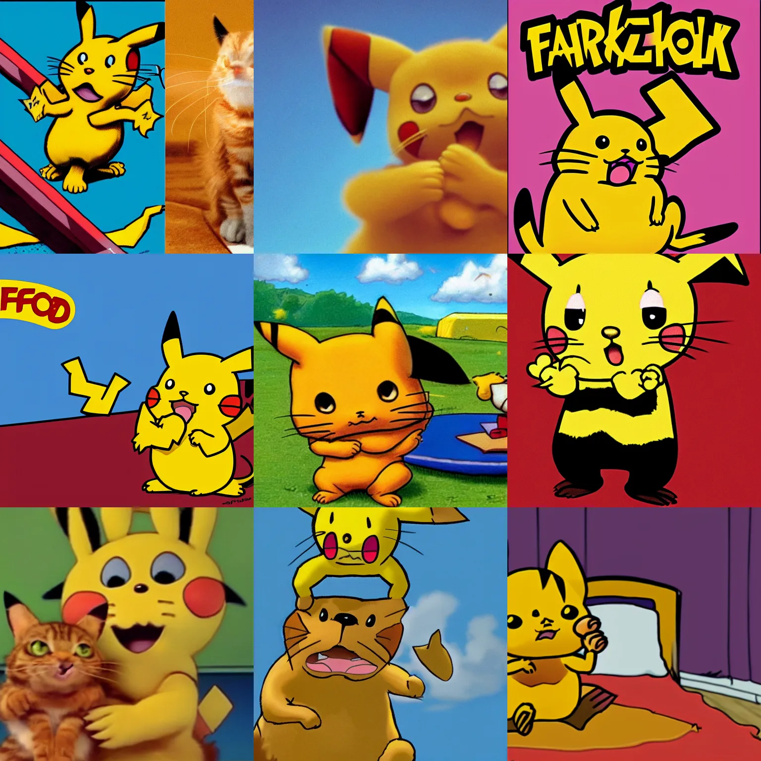 Prompt: garfield the cat eats pikachu