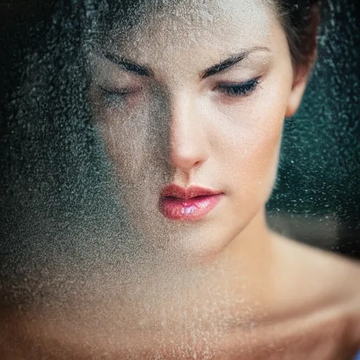 Image similar to The face of a beautiful woman as steam on a window, high definition photography, professional