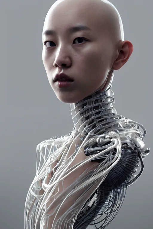 Image similar to young asian woman, iris van herpen, beautiful face, perfect symmetrical body, full body shot, inflateble shapes, wires, tubes, veins, jellyfish, white biomechanical details, wearing epic bionic cyborg implants, masterpiece, intricate, biopunk, vogue, highly detailed, artstation, concept art, cyberpunk, octane render