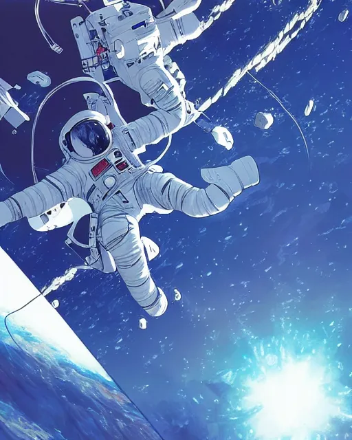 Prompt: astronaut floating in space, cybernetic enhancements, art by makoto shinkai and alan bean, yukito kishiro