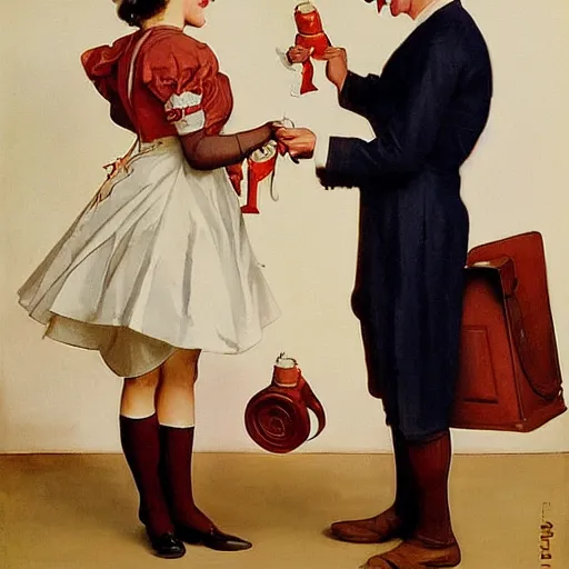 Prompt: two happy people exchanging items with each other, white background, painting, style of j. c. leyendecker