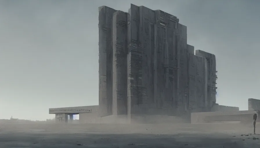 Image similar to big brutalist base, jama jurabaev, greig fraser, roger deakins, cinematic shot, trending on artstation, high quality, brush stroke