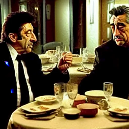 Prompt: movie still of the dinner scene in Heat, rendering of al pacino and robert de niro as old men, cinematic,