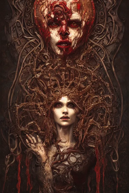 Prompt: breathtaking detailed painting of a demon god of flesh and bones, intricate art nouveau metal strokes, meat and blood stained glass, rembrandt style, elegant, highly detailed, artstation, concept art, matte, sharp focus, art by tom bagshaw, and greg rutkowski