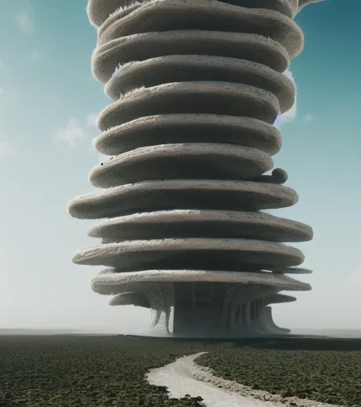 Prompt: surreal theory of the massive inverted roots, unfinished vertical roots of white sand, futuristic tower, futuritic architecture, ancient epic tower in the desert, biroremediation plant, foggy sky, night render, a little bit of patchy cactus, octane render, unreal engine, pale colors, high detail, 8 k, wide angle, trending on artstation, behance