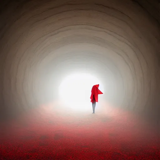 Image similar to a figure covered by red cloth that's blowing in the wind standing in a creepy tunnel with atmospheric light, digital art, concept art, cloth simulation with houdini, octane, redshift, 8 k