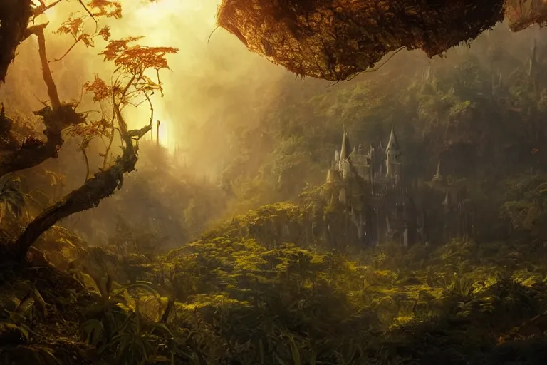 Prompt: single fantasy castle in foreground in the lush forest in the background and a scorching sun moving through the cloudless sky, illustrated by Greg Rutkowski and Gaston Bussiere, 35mm lens, beautiful macro close-up imagery, intense hot lighting, beautiful volumetric-lighting-style atmosphere