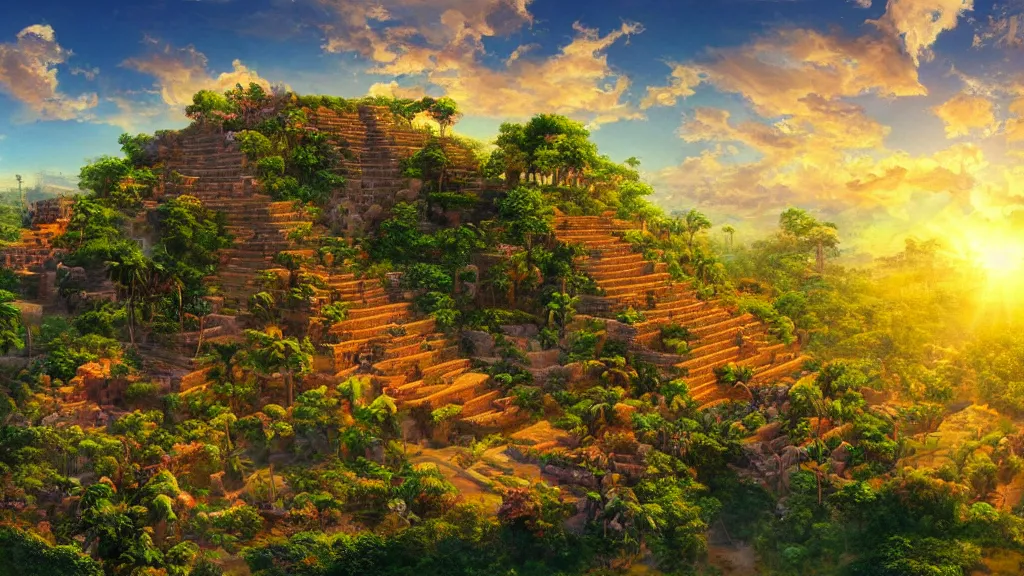 Prompt: an artwork of a sky island with a landscape of Maya civilisation, golden blooming sunlight