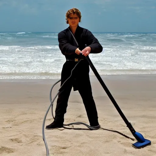 Image similar to anakin skywalker vacuuming the beach to remove sand