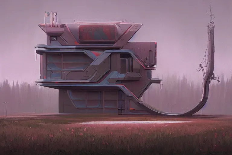 Prompt: beautiful painting of a futuristic house in the style of Simon Stålenhag and H. R. Giger, detailed, trending on Artstation