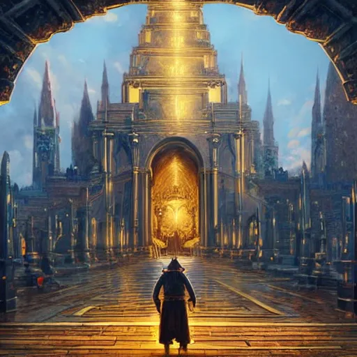 Image similar to a man staring a holy city in front of this golden gates, epic setting, symmetric face, hyperrealism, epic fantasy digital art, fantasy style art, by Greg Rutkowski, fantasy magic the gathering card art style