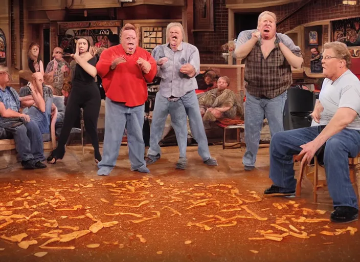 Image similar to jerry springer tv show a man yelling at a pile of nasty chili spilled on the floor, chunky sloppy fat men no shirts slipping in chili on the floor, wet, studio, extremely detailed, portraits, 4 k, hd