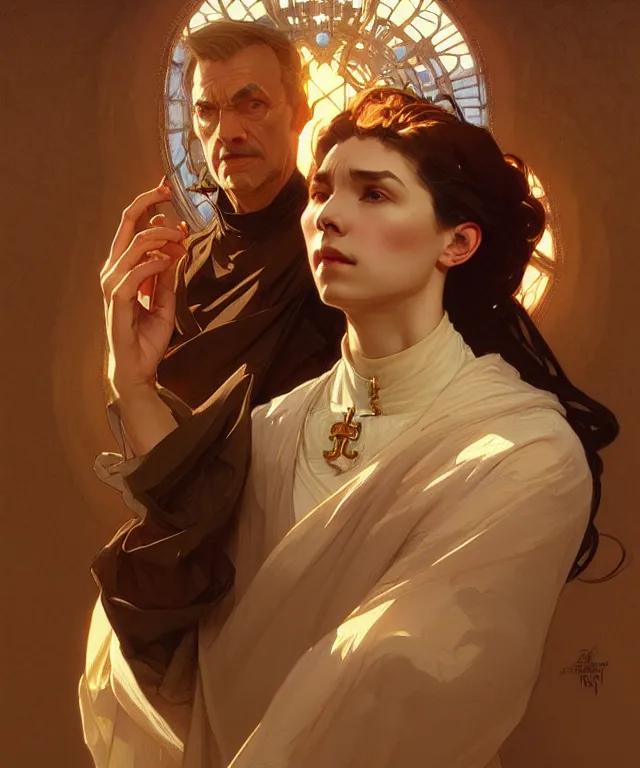 Image similar to an untrustworthy priest, portrait, intricate, elegant, highly detailed, digital painting, artstation, concept art, smooth, sharp focus, illustration, art by artgerm and greg rutkowski and alphonse mucha