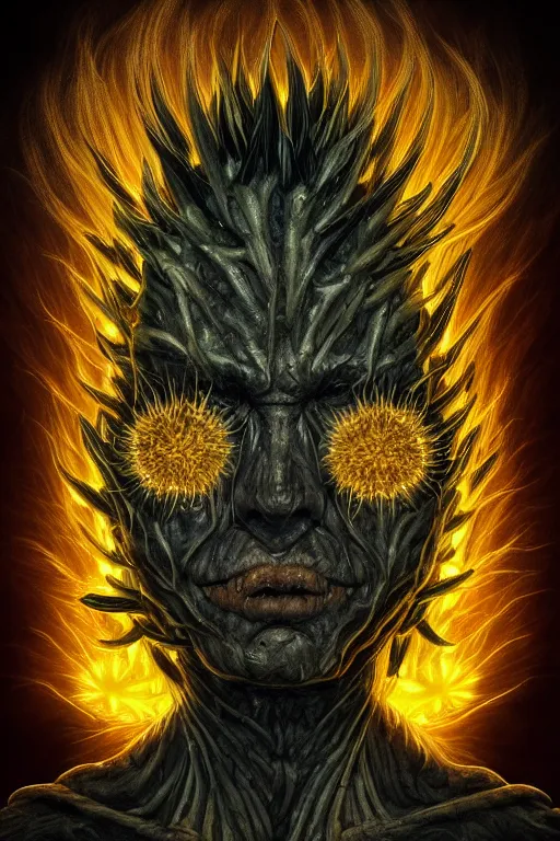 Image similar to corn dandelion humanoid figure monster, symmetrical, highly detailed, digital art, sharp focus, trending on art station, amber eyes, elemental glowing