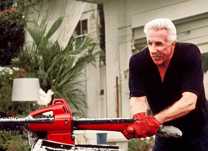 Prompt: film still of Leslie Neilsen with a chainsaw in the new Weekend at Bernies movie, 8k