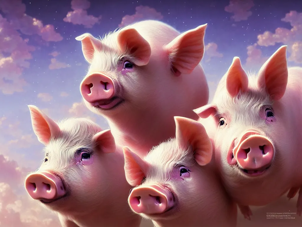 Prompt: cute pigs in the sky, cute and cuddly, highly detailed, photorealistic, octane render, 8 k, unreal engine. art by artgerm and greg rutkowski and alphonse mucha