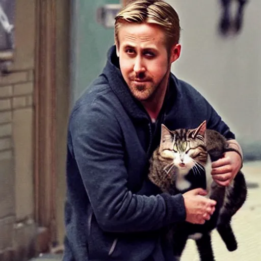 Image similar to ryan gosling getting mugged by a cat