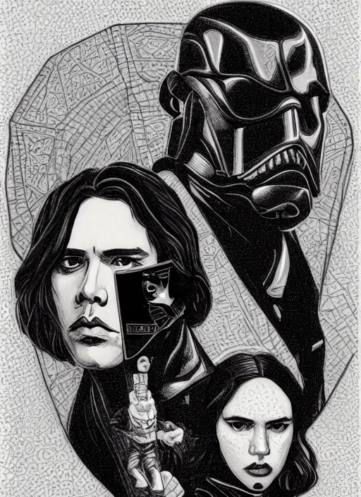 Image similar to reylo in the style of m. c. escher