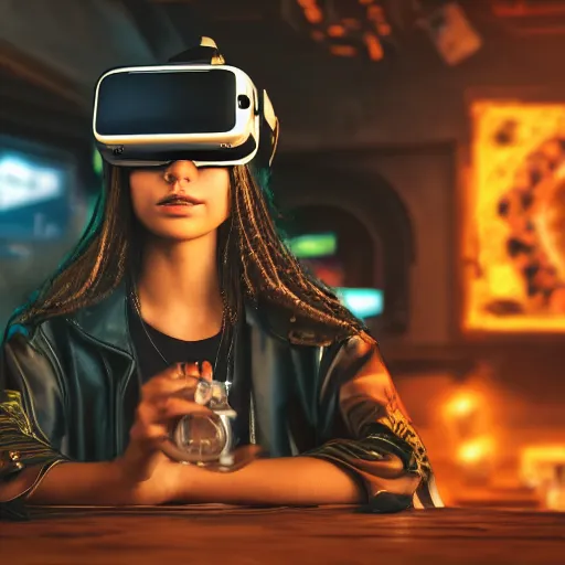 Image similar to a high quality portrait of a beautiful stunning pirate in a cyberpunk cyberpunk cyberpunk cafe wearing a VR visor, realism, 8k, award winning photo