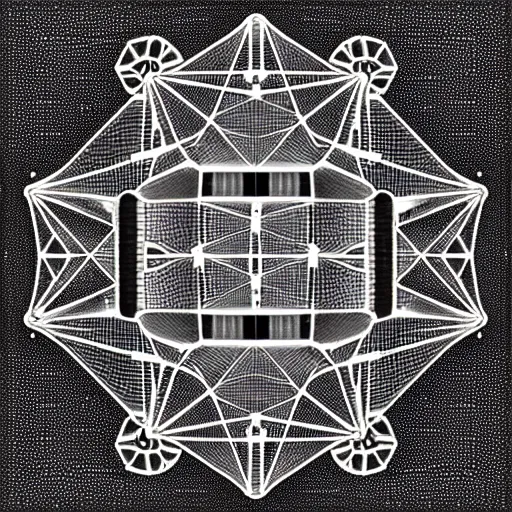 Prompt: a black and white drawing of a geometric lattice international space station made of chrome and filled with equipment, a microscopic photo by ernst haeckel, zbrush central, kinetic pointillism, intricate patterns, biolumiescence, photoillustration