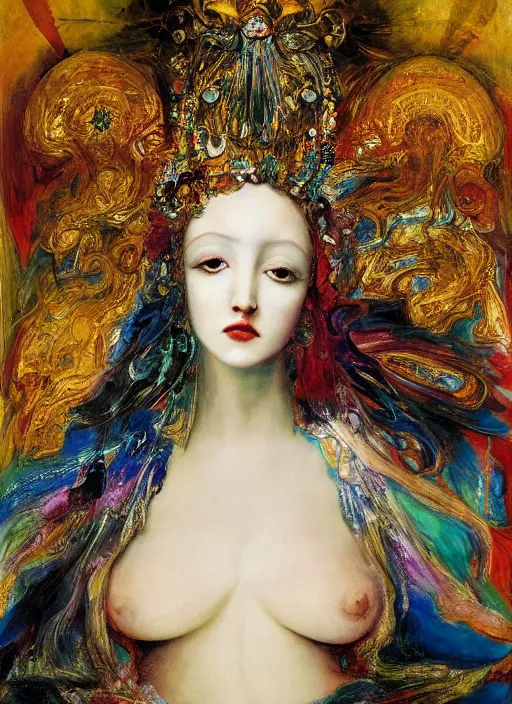 Image similar to oil painting of portait Queen of Ecstasy, Hungarian, by Yoshitaka Amano, by Georgia o Keeffe, by Gustave Moreau, By Marcel Jankowicz