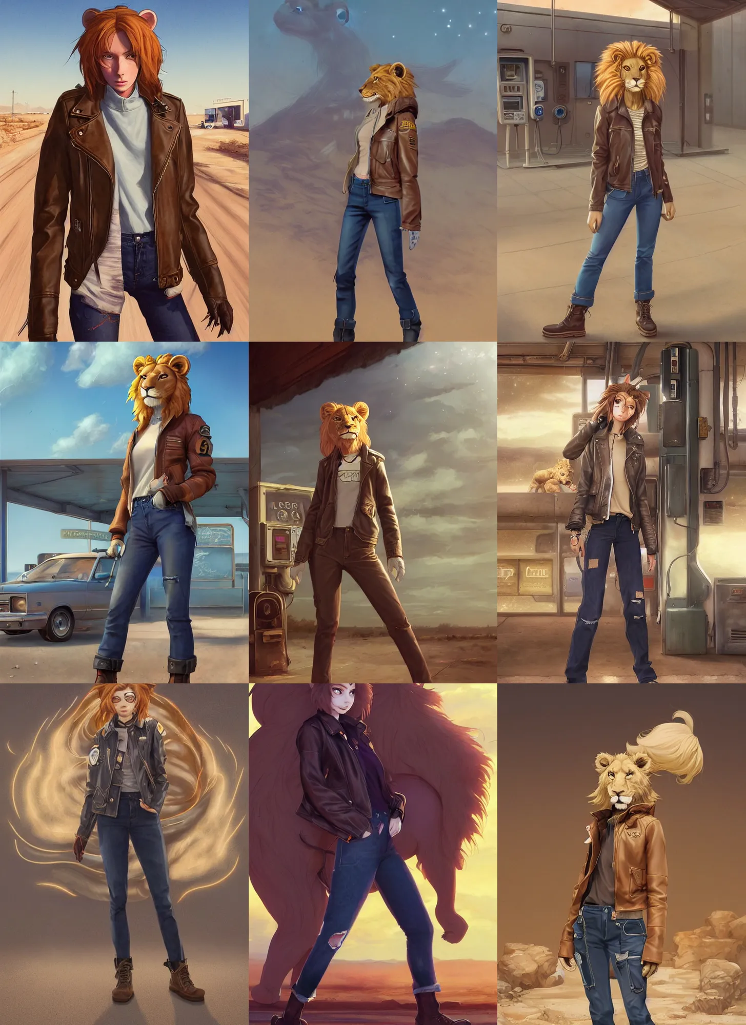 Prompt: beautiful portrait of a female anthropomorphic lion fursona wearing a open leather jacket at an old gas station in the desert. leather gloves. combat boots. cargo jeans. character design by charlie bowater, ross tran, artgerm, and makoto shinkai, detailed, soft lighting, rendered in octane