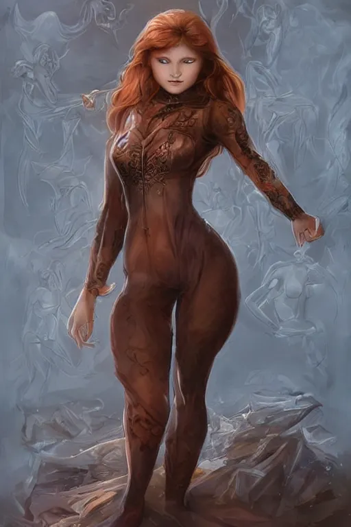 Image similar to frontal standing pose portrait of Sabrina the Teenager Witch, very beautiful young woman, ginger straight hair, Victorian-era push-up underwire. Intricate, concept art, magic mystique imagery themed, D&D!, fantasy style, sharp focus!, ultra detailed, art by Artgerm and Peter Andrew Jones, WLUP, Magali Villeneuve