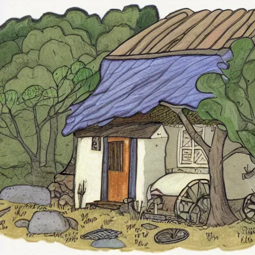 Prompt: a colored ink illustration of a humble cottage, drawn on white parchment paper, vibe, atmosphere, detailed, muted colors, by greg rutowski and ryan berkley