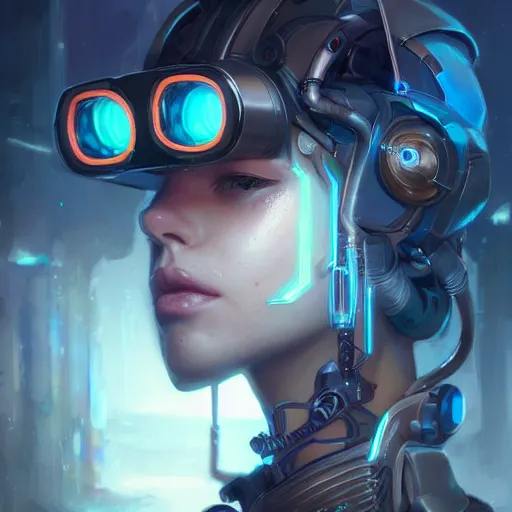 Image similar to a portrait of a beautiful cybernetic girl wearing occulus rift headset, cyberpunk concept art by pete mohrbacher and wlop and artgerm and josan gonzales, digital art, highly detailed, intricate, sci-fi, sharp focus, Trending on Artstation HQ, deviantart, unreal engine 5, 4K UHD image