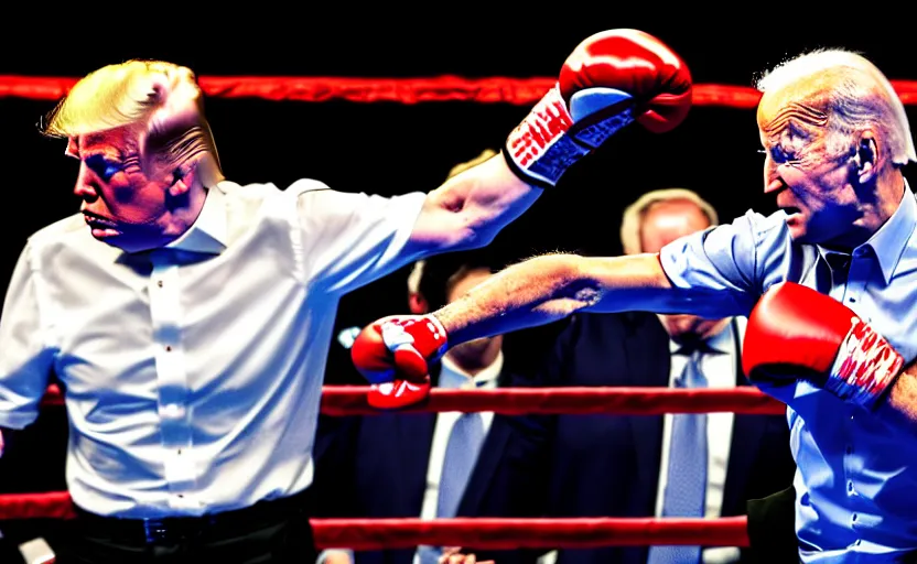 Image similar to boxing match between donald trump vs joe biden, stage lighting, award winning photo
