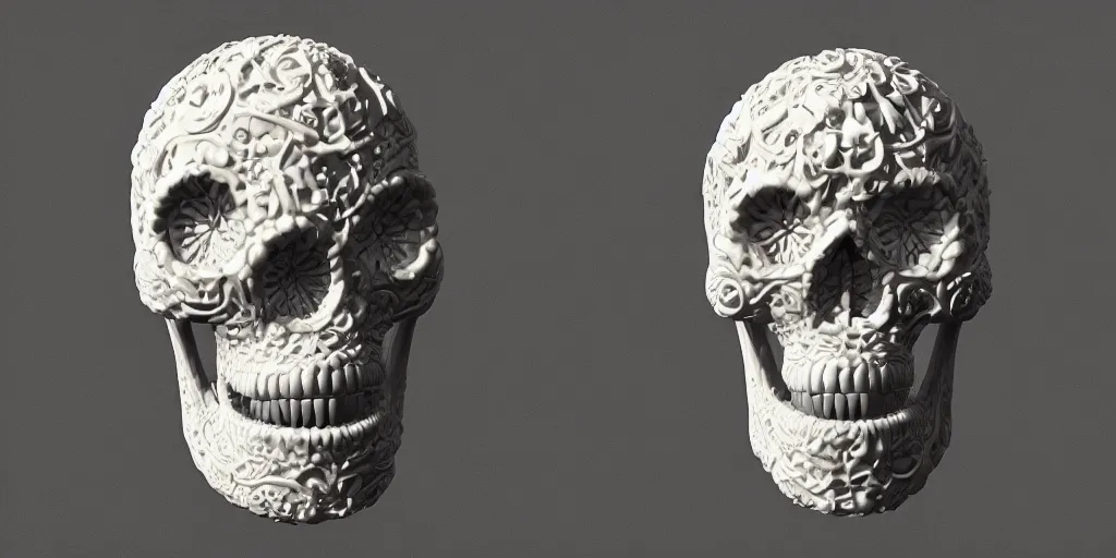 Image similar to curly gothic baroque tiki skull head , intricate ornate marble carving, white background, sculpture, hyper-realistic, micro details, focused, dramatic, sophisticated, soft surface, professional photography, overhead dramatic light, medium-shot, 3d art, artstation, CGsociety, 3d render, environmental key art, octane render, weta digital, 3d sculpture, structure, render in octane, unreal engine, ray trace 4k, cinematic ,dynamic light, amazing details, beautiful ,