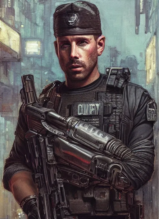 Prompt: 🐷. cyberpunk police trooper in a military vest ( blade runner 2 0 4 9, cyberpunk 2 0 7 7 ). orientalist portrait by john william waterhouse and james gurney and theodore ralli and nasreddine dinet, oil on canvas. cinematic, hyper realism, realistic proportions, dramatic lighting, high detail 4 k