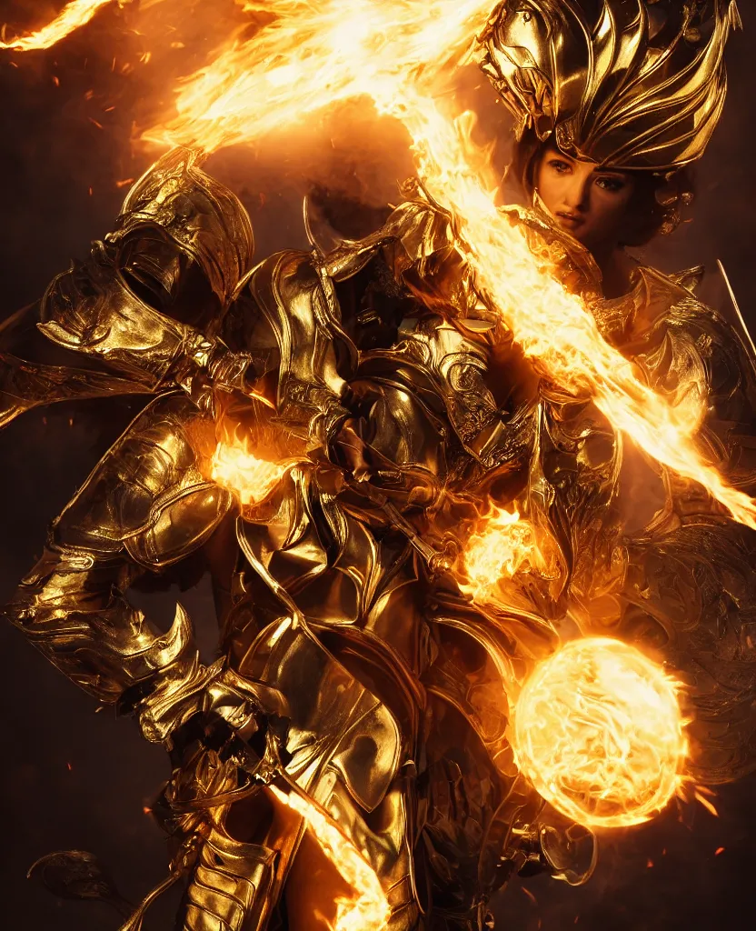 Image similar to Angled profile shot of a fiercely beautiful woman in golden angelic battle armor wielding a flaming sword, action shot, cinematic, epic, 4k, stylized, realism