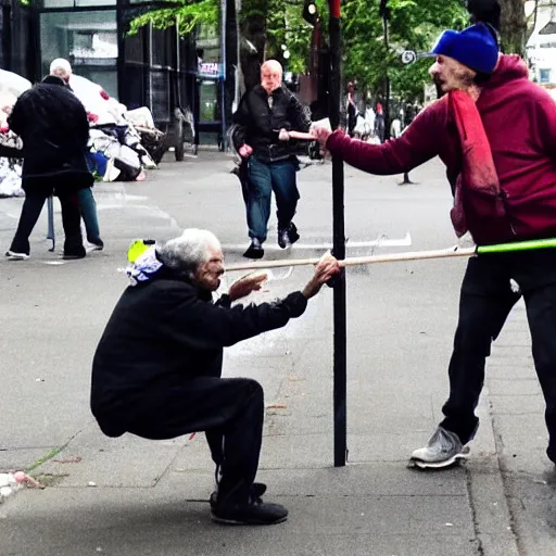 Prompt: homeless man attacking eldery lady with a stick in vancouver bc